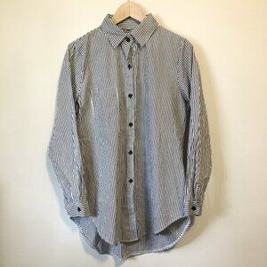 Burtonesque B&W Pinstripe Long Drop Tail Hem Button Down - 2X